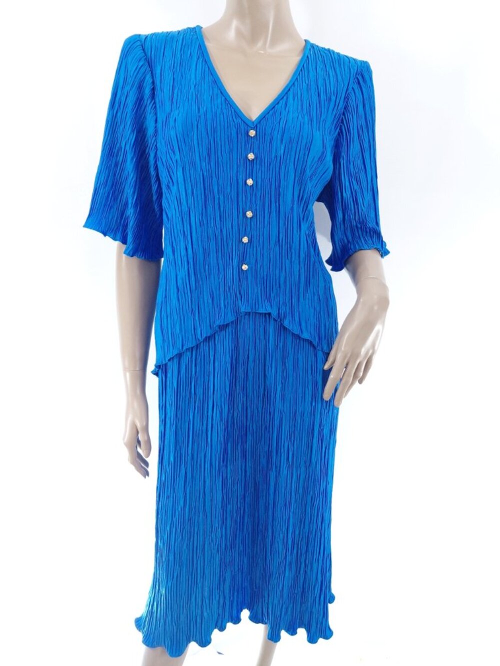 CHIMNEY RIDGE Dress V Neck Short Sleeve Crush Pleat Jewel Button Midi 16